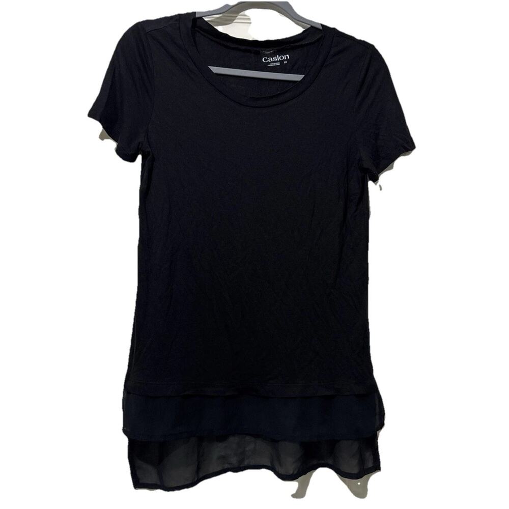 Caslon Women Black Semi Sheer Ruffle Short Sleeve T-Shirt Hi low Size XS Stretch